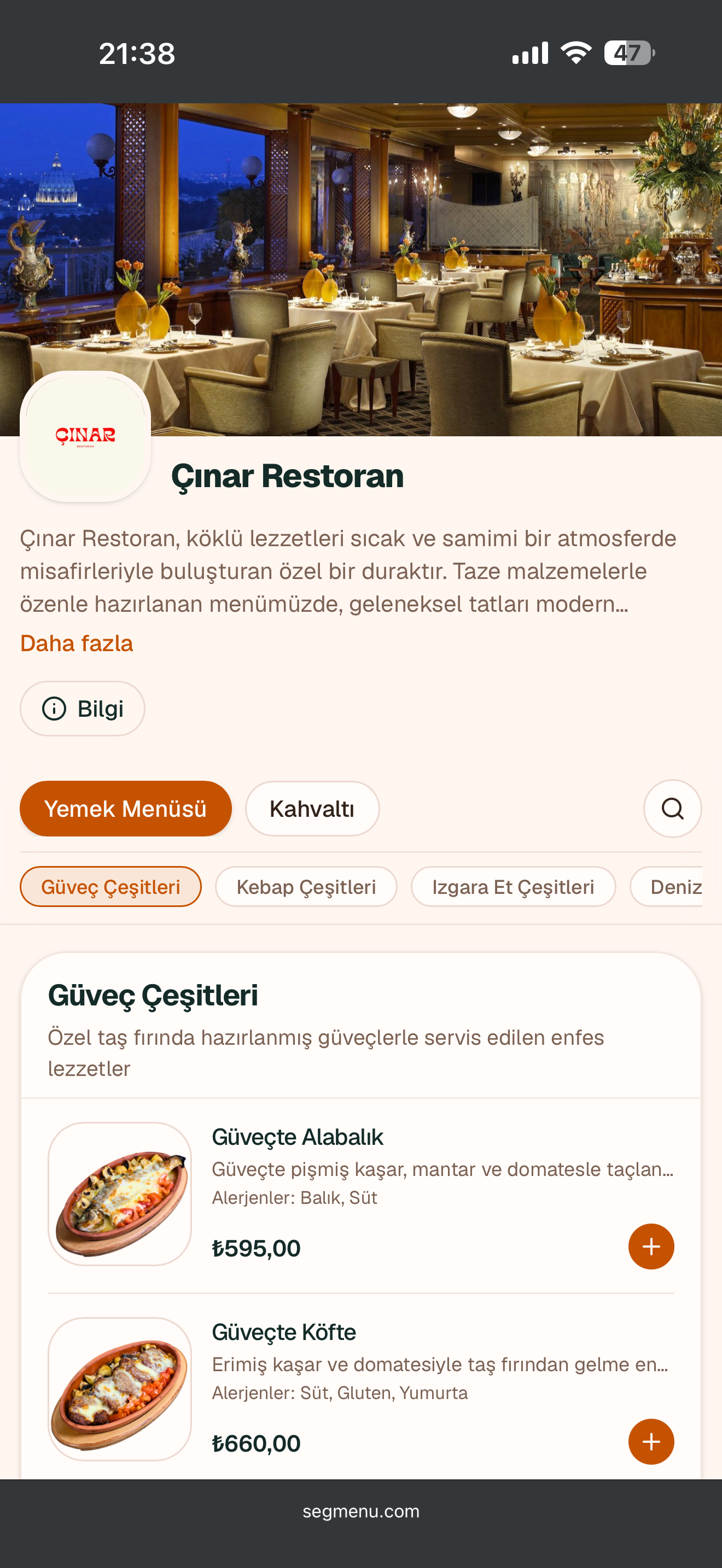 Çınar Restoran menüsü