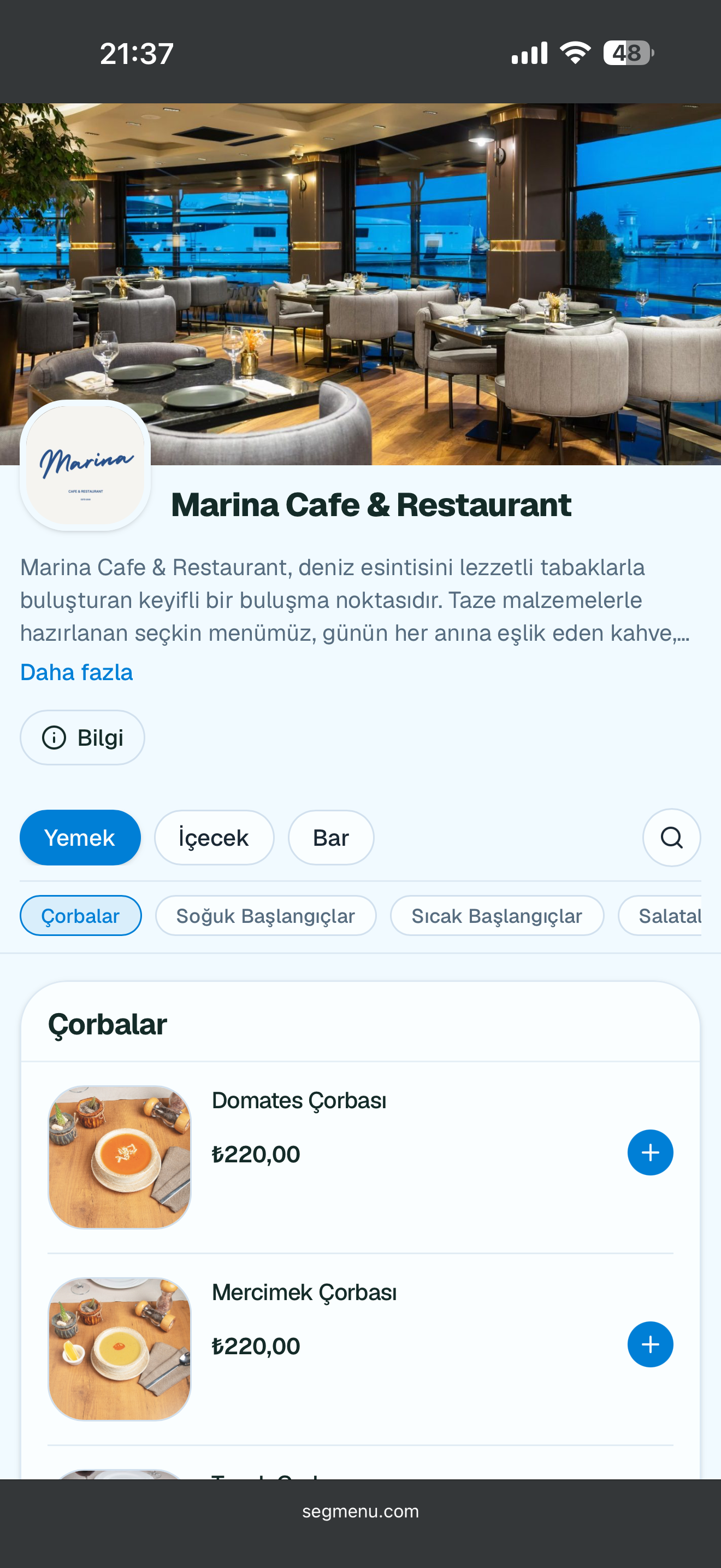 Marina Cafe & Restaurant menüsü